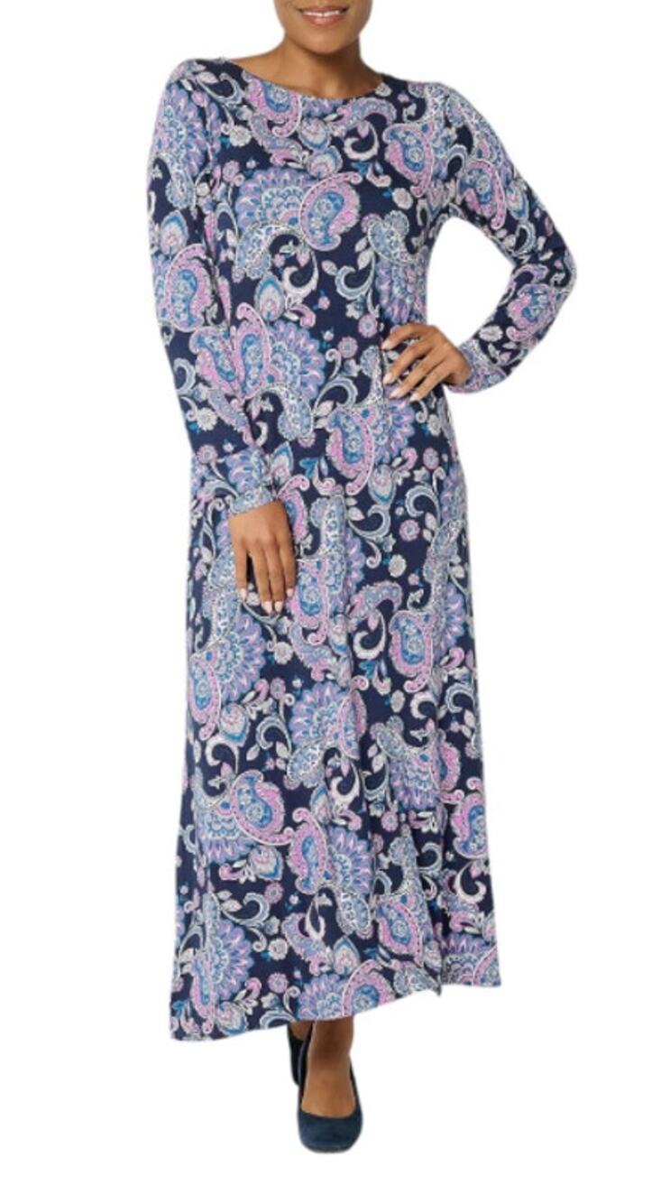 Belle Boho Kim Gravel Women's Knit Paisley Chic Maxi Dress Twilight Blue Medium